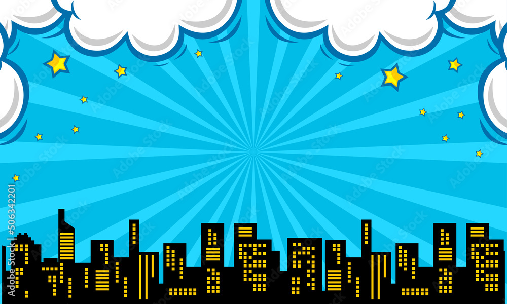 Comic blue background with city silhouette and cloud illustration Comic blue background with city silhouette and cloud illustration