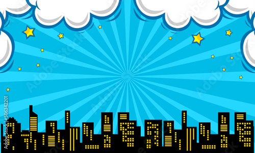 Comic blue background with city silhouette and cloud illustration