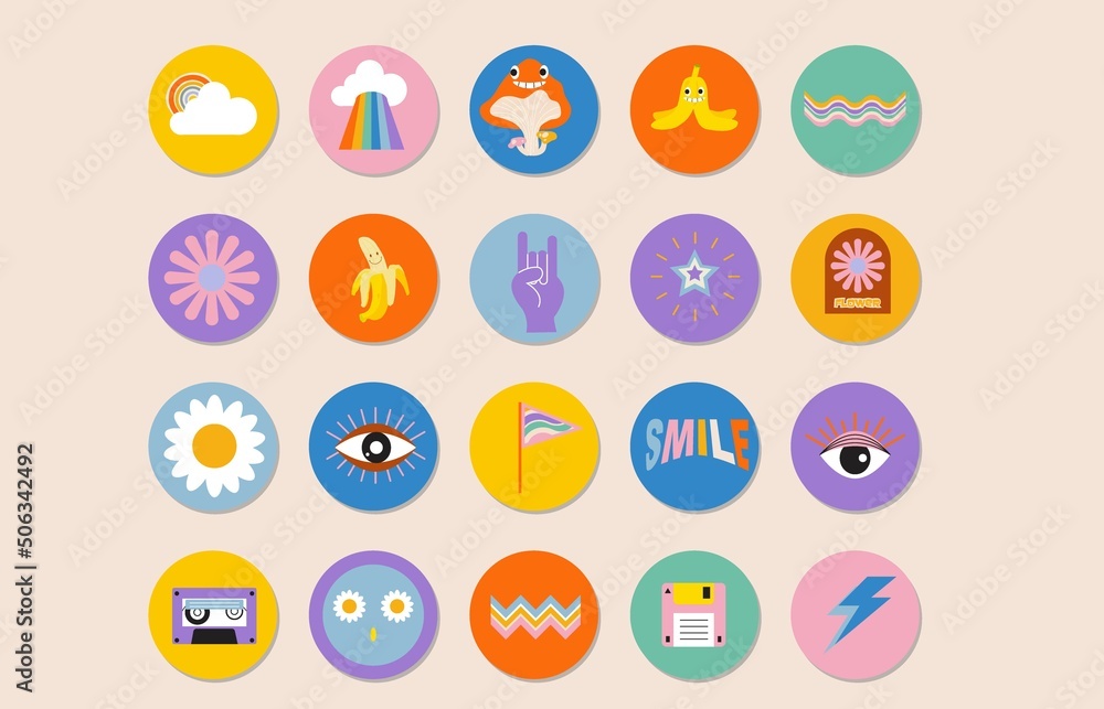 groovy object collection with mushroom,heart,rainbow for social media,sticker groovy object collection with mushroom,heart,rainbow for social media,sticker