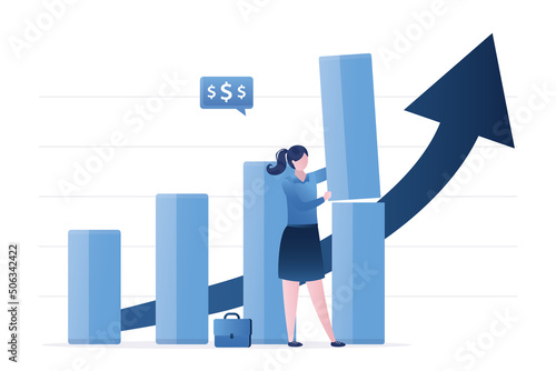 Increase investment profit, concept. Successful businesswoman or investor standing near bar graph stacking amount of profit on top of year bar graph. Earnings rising up