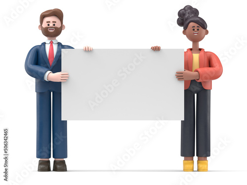 3D illustration of cartoon characters holding an empty white placard for insert a conceptconceptual image.3D rendering on white background.