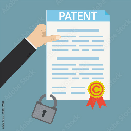 Businessman holds patent. Intellectual property paper document with padlock. Patent protection, copyright reserved or product trademark that cannot copy. Protect business ideas.