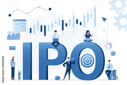 Team of traders and businessmen trades stock online. Letters - IPO with bullseye target. IPO, initial public offering. Company go public in stock market. Investment opportunity,
