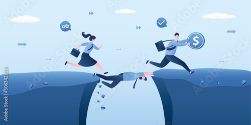 Help for crossing money gap. Selfish employees take advantage of other people. Confident boss help other to achieve career success concept. Human bridge for other to get pass the cliff.