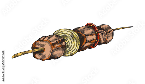 Pieces of grilled meat on spit, hand drawn color vector illustration isolated.