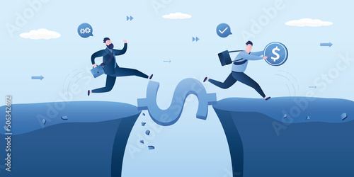 Bill or loan payment concept. Business people jump pass cliff gap with money dollar sign bridge. Money to rescue or support business. Financial help solution to get pass crisis.