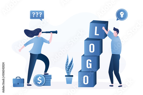 Creative designer or marketer develops a company logo. Big cubes with text. Businesswoman customer watches the process through a spyglass. The client woman controls the work.