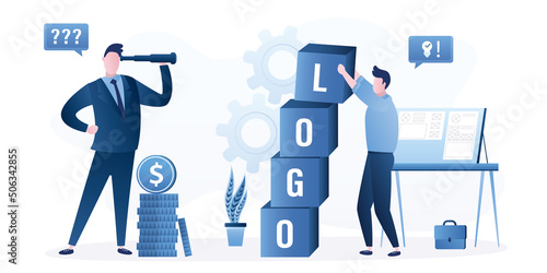 Male creative designer or marketer develops new company logotype. Big cubes with text. Businessman customer watches the process through spyglass. Client controls the work.