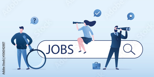Group of business people looking for new jobs. Employment concept, career or job search. Find opportunity, seek for vacancy or work position. Job search bar, online service.