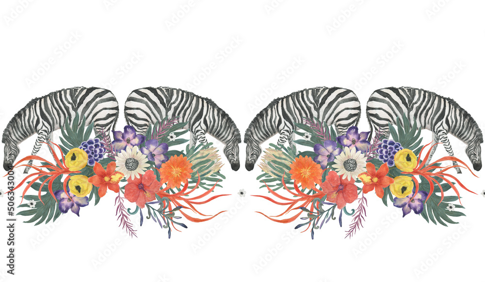 Zebras and beautiful exotic flowers seamless border, hand drawn with watercolor Zebras and beautiful exotic flowers seamless border, hand drawn with watercolor