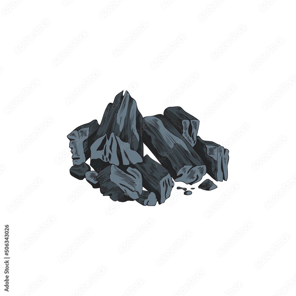 Pile of burning coal for BBQ and grill, sketch vector illustration isolated.