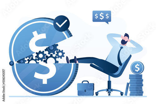 Reliable mechanism for making profit, big dollar coin with working gears. Relaxed businessman earns passive income.  Earning money, wealth increase without salary concept.
