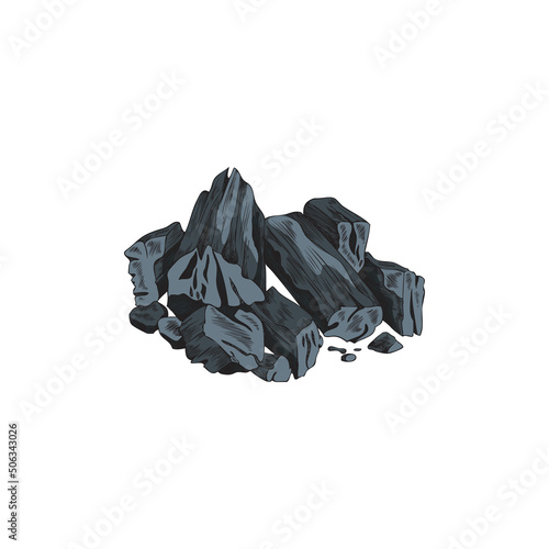 Pile of burning coal for BBQ and grill, sketch vector illustration isolated.