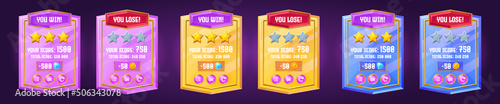 Game color glossy boards of win or lose and labels with score and experience points. Vector cartoon set of interface screens of complete and fail game and rating stars
