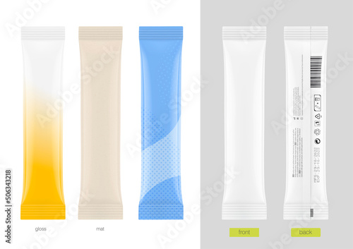 Realistic stick pack sachet mockup for food, cosmetic, pharmacy and other industry. Vector illustration on white background. Possibility use for granulated, powder and liquid products. EPS10.	