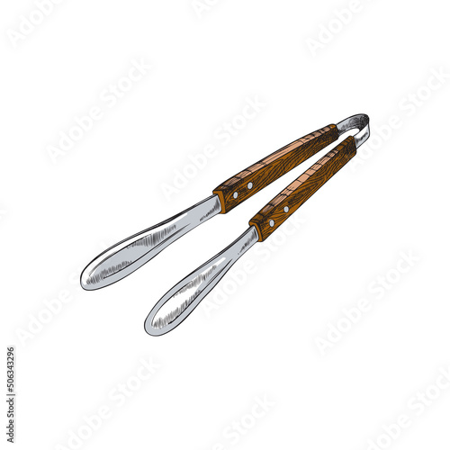Meat tongs barbecue tool hand drawn sketch color vector illustration isolated.