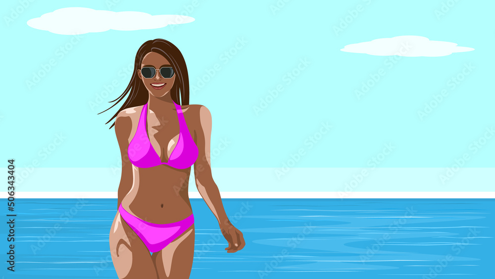 Beautiful brunette woman in bikini on the beach, summer vacation concept, copy space, vector poster. Beautiful brunette woman in bikini on the beach, summer vacation concept, copy space, vector poster.