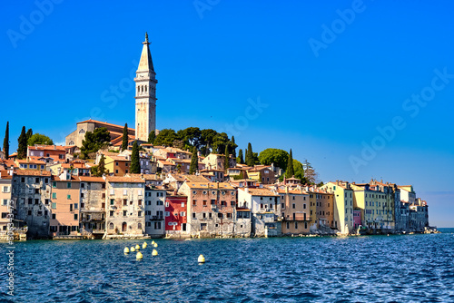 Mediterranean Sea in front of the facades of the residential buildings of the old town of Rovinj in Istria, Croatia
