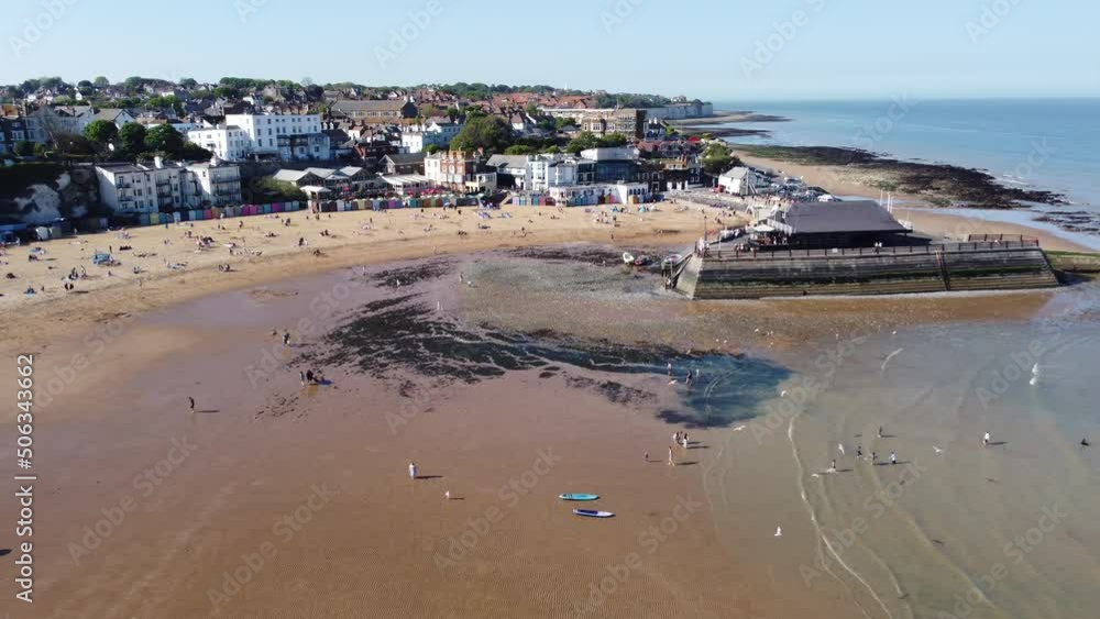 Broadstairs Kent seaside town and beach pull back reveal drone aerial view Broadstairs Kent seaside town and beach pull back reveal drone aerial view