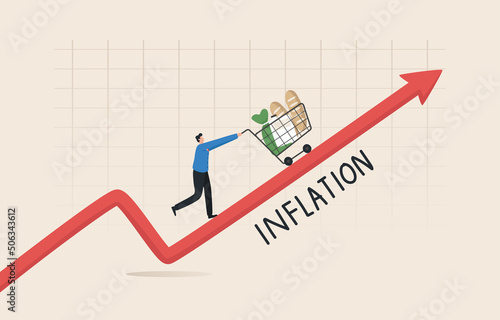 Food and Price Inflation Rises After Monetary Value Growth Ideas Financial problems and forecasting market crashes crisis risk. The young man pushed the shopping cart along the rising arrow chart.