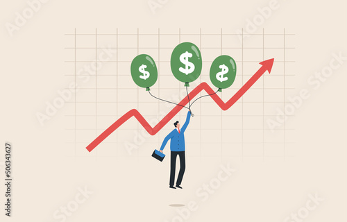Inflation and monetary policy or investment profit and income concepts. Businessman investors flying with dollar symbol balloons.