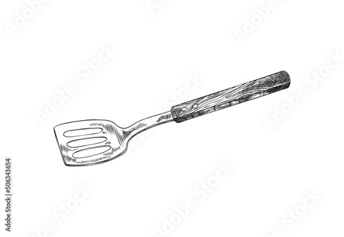 Hand drawn spatula with wooden handle for frying, sketch vector illustration isolated on white background.