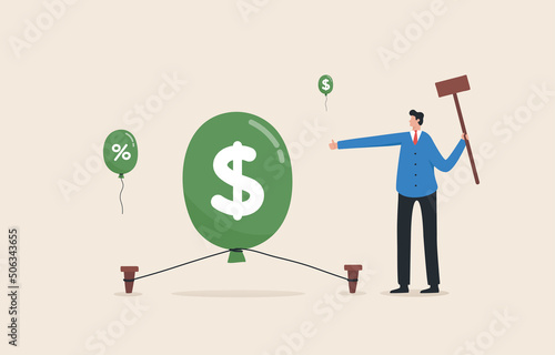Inflation Crisis, Monetary Policy Formulation. Consideration of lowering interest rates. treatment.economic and financial stability..inflation balloon air being held down by rope.