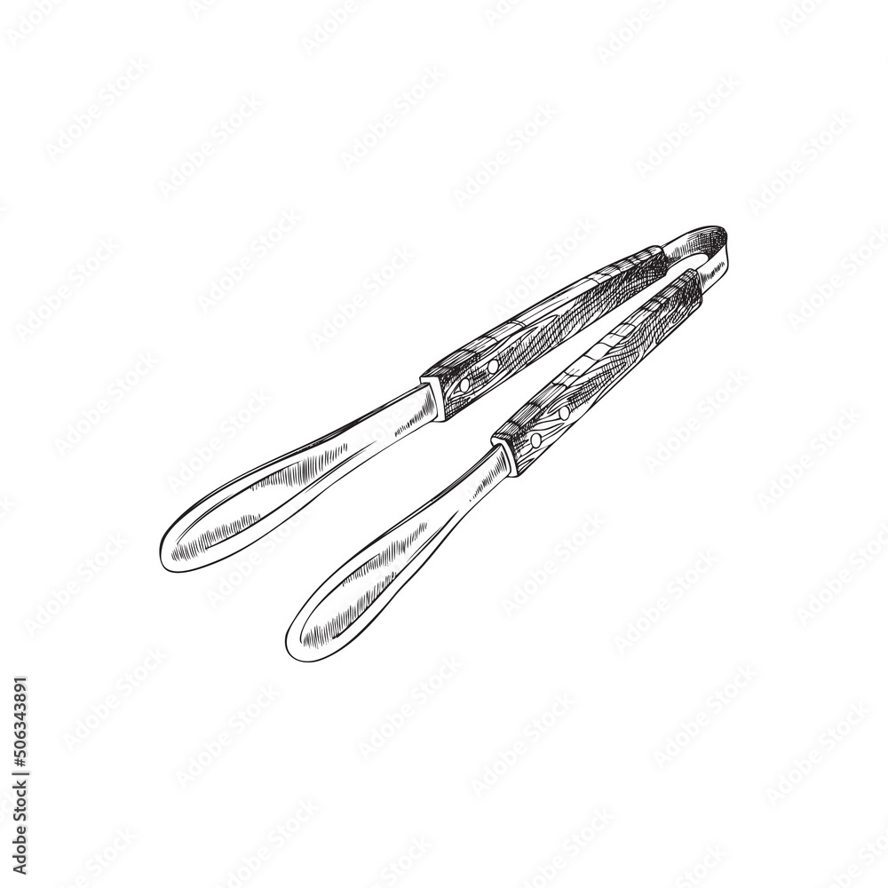 Tongs with wooden handle item for barbecue and grill, hand drawn Tongs with wooden handle item for barbecue and grill, hand drawn