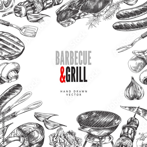 Barbecue grill, hand-drawn vector illustration on a white background.