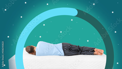 Young man sleeping on mattress against color background, back view. Healthy circadian rhythm and sleep habits photo