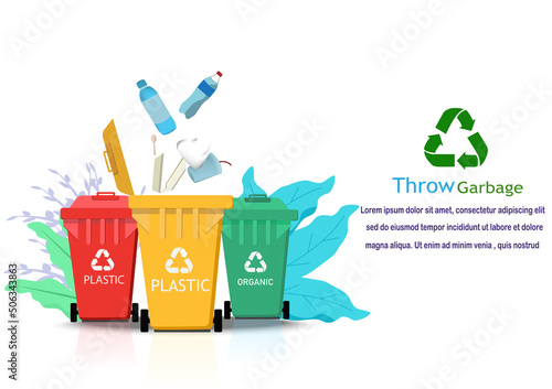 Recycling landing web page.bins and garbage in web conversion and use of secondary raw materials. Waste, wastrel, recycling, bin, recycling symbol.