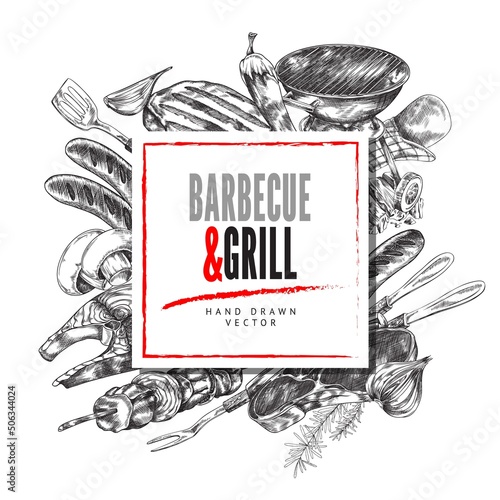 Barbecue and grill hand drawn poster with frame for text, sketch vector illustration.