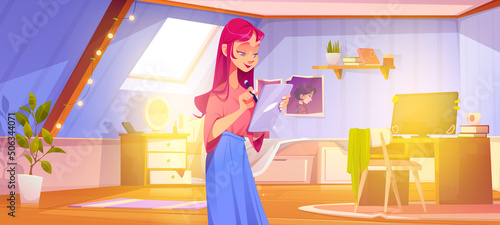 Girl artist draw on digital tablet in bedroom on attic. Vector cartoon illustration of mansard room interior with bed, computer, table and young woman graphic designer with pink hair