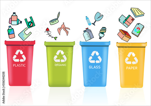 Close up  trash fail to the recycling bin.Pollution problem,Environment,save world.Vector Care recycling management and save world design.