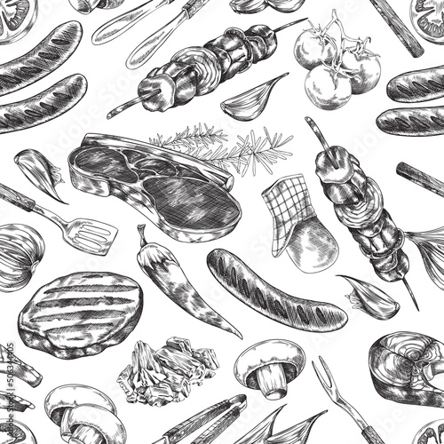 Seamless pattern with grilled meat products and BBQ utensils vector illustration.