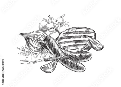 Barbecue grill, picnic food, art line for flyers, vector monochrome illustration.