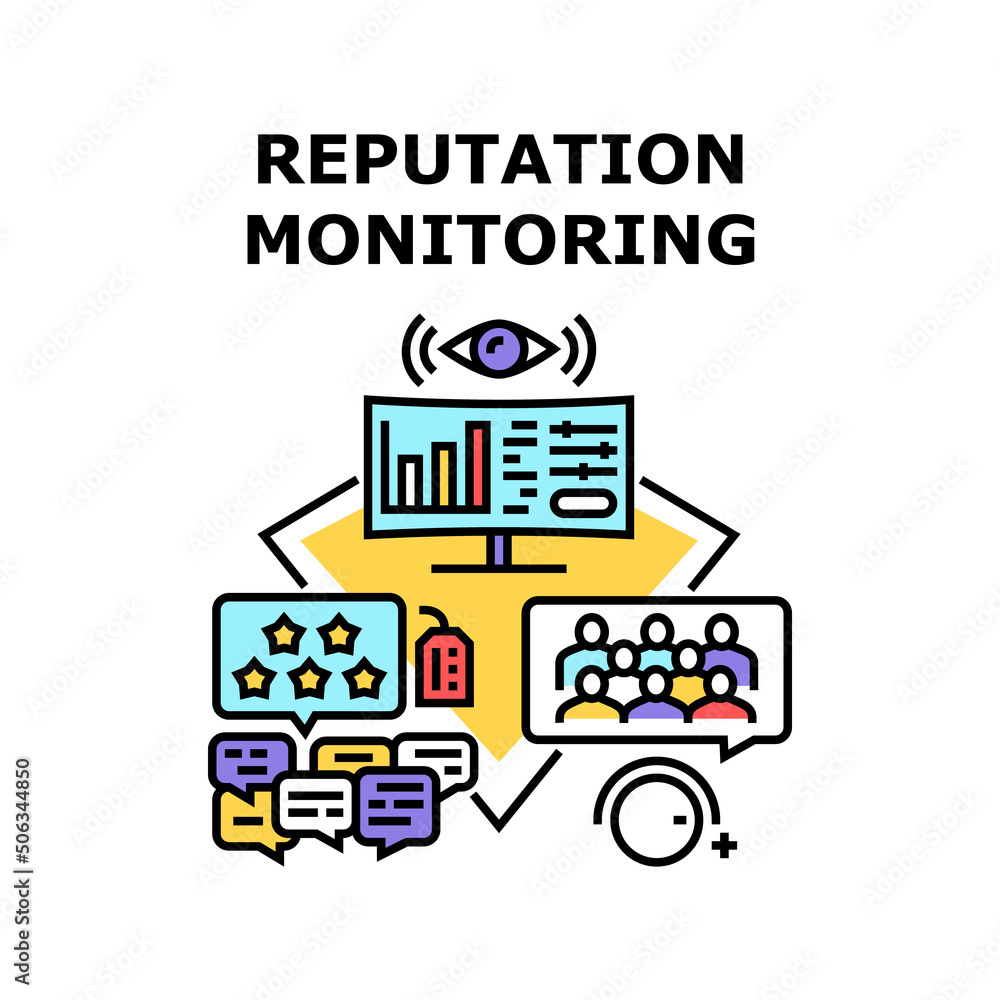 Reputation Monitoring Vector Icon Concept. Brand And Company Reputation Monitoring In Internet, Researching Client Review And Feedback. Communication With Customer Color Illustration