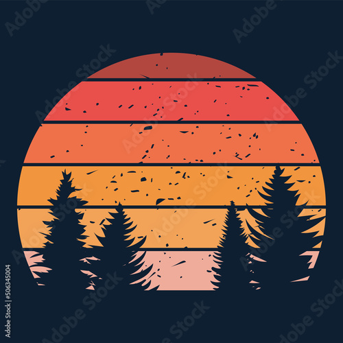 Retro sunset. Vintage striped colorful background with forest pine