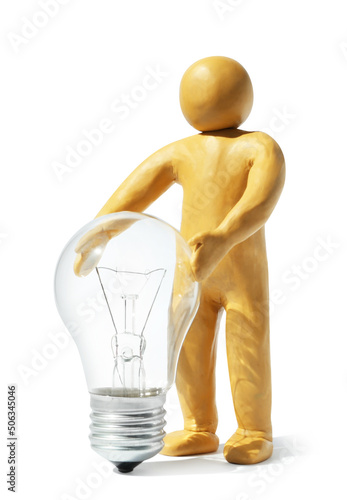 Human figure made of plasticine holding light bulb isolated on white