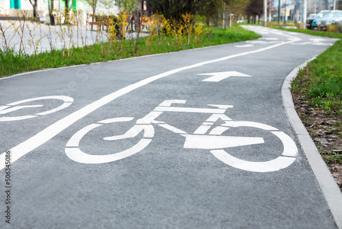 фотографія Two way bicycle lane with white markings on asphalt in city