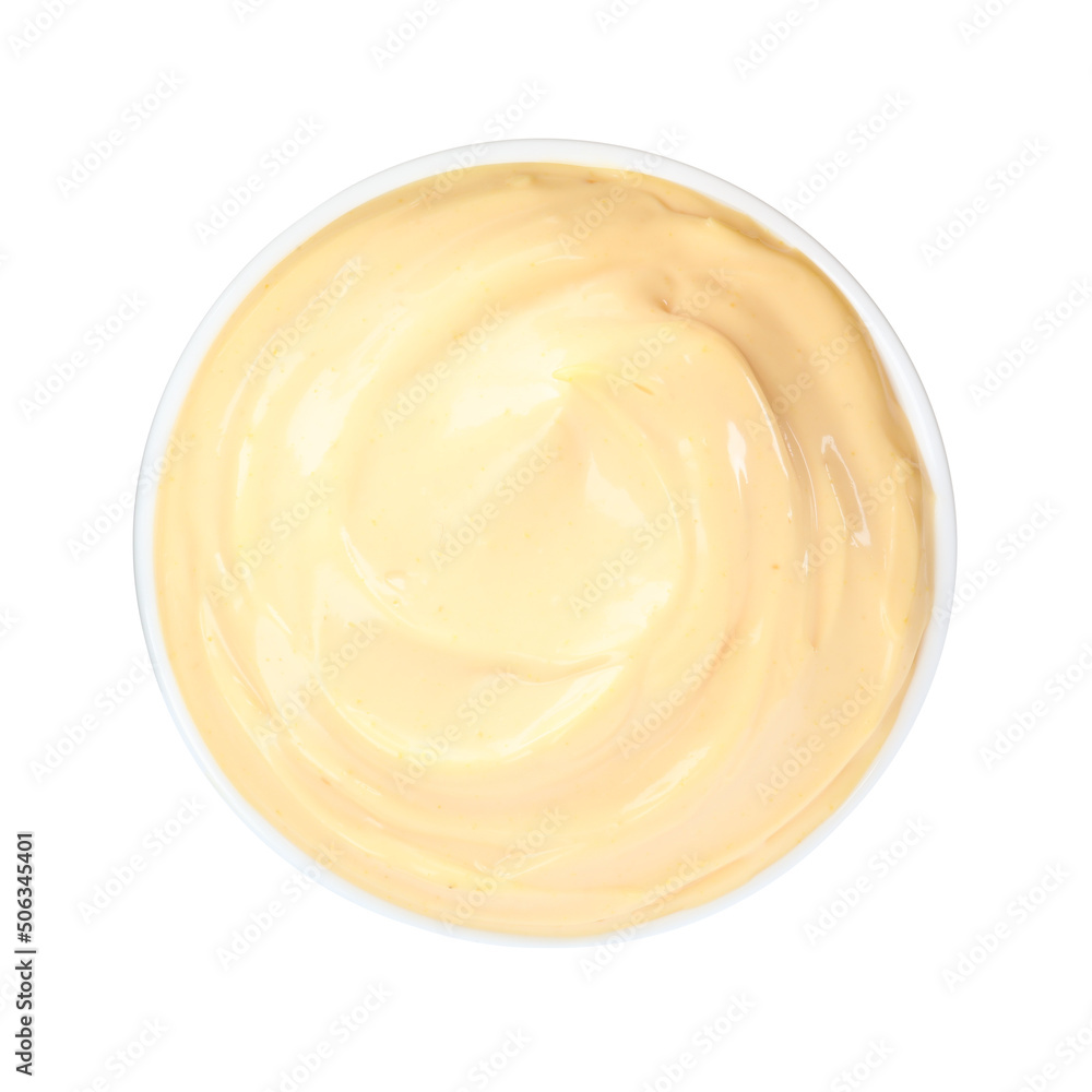 Tasty cheese sauce in bowl isolated on white, top view Tasty cheese sauce in bowl isolated on white, top view