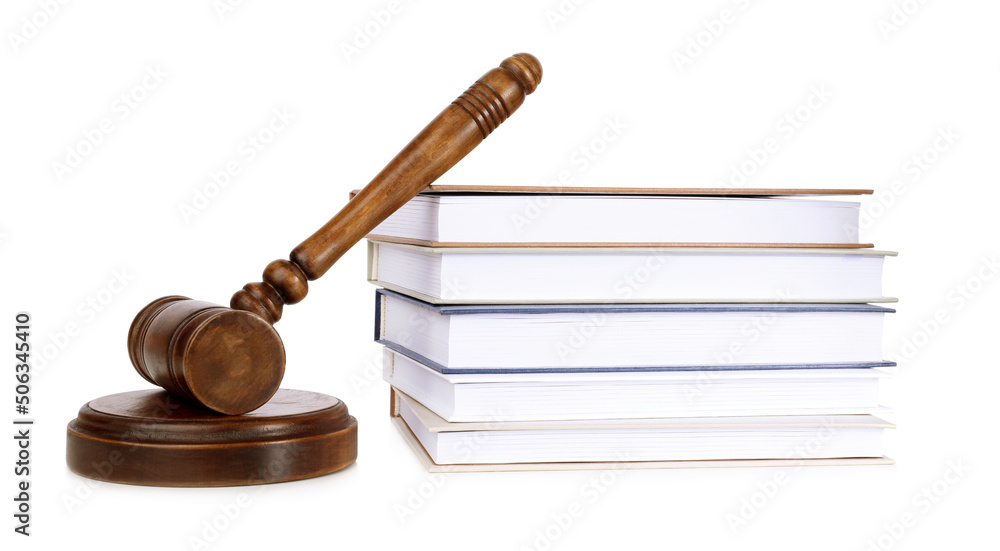 Wooden gavel and stack of books on white background