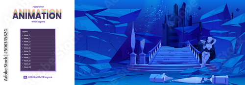 Ancient ruins on sea floor. Old architecture with broken columns, statue and stairs sunken under water in ocean. Vector parallax background ready for 2d animation cartoon underwater landscape