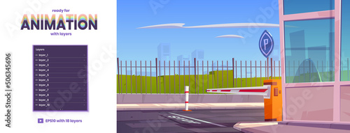 Automatic car barrier to security parking with checkpoint. Vector parallax background ready for 2d animation with cartoon illustration of automobile park entry with closed road gate