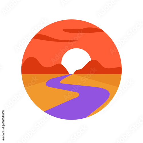 Sunset valley landscape logo icon, way path river trail in wild calm nature mountains desert vector, pathway road canyon modern print design flat,  horizon sunrise, dawn round circle shape image