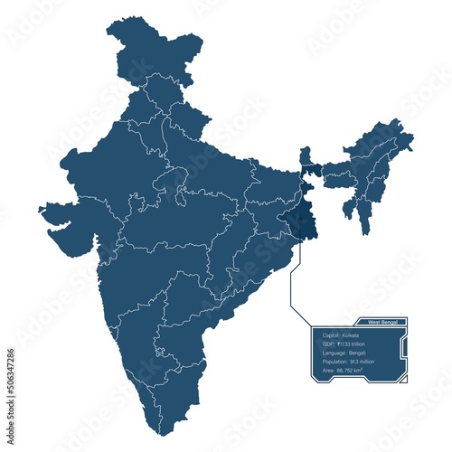 West bengal highlighted on indian map with holographic dialog box representing information about west bengal vector image.