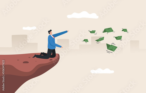 Money loss or Financial Difficulty. Financial failure, Business management. missed financial opportunities Lack of liquidity. Businessman is deep in thought while watching the flying money.