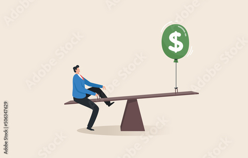 Financial balance adjustment. Adjusting interest rates to solve the problem of inflation. A young man sits on a seesaw to balance inflation.