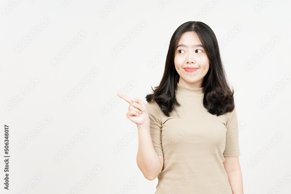 Showing Product and Pointing Side Of Beautiful Asian Woman Isolated On White Background Showing Product and Pointing Side Of Beautiful Asian Woman Isolated On White Background