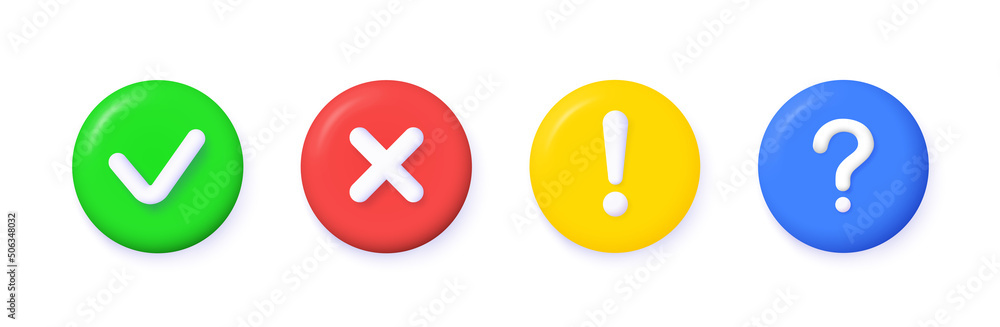 3d multiply, check mark, question, attention vector icons on white background. 3d multiply, check mark, question, attention vector icons on white background.